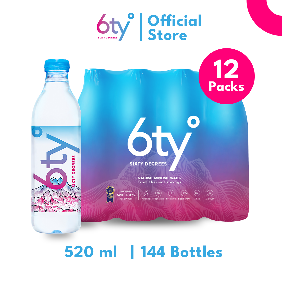 [520ml 12 แพ็ก 144 ขวด] 6ty Degrees Mineral Water ซิกตี้ดีกรี น้ำแร่ธรรมชาติ จากแหล่งน้ำพุร้อนเชียงดาว