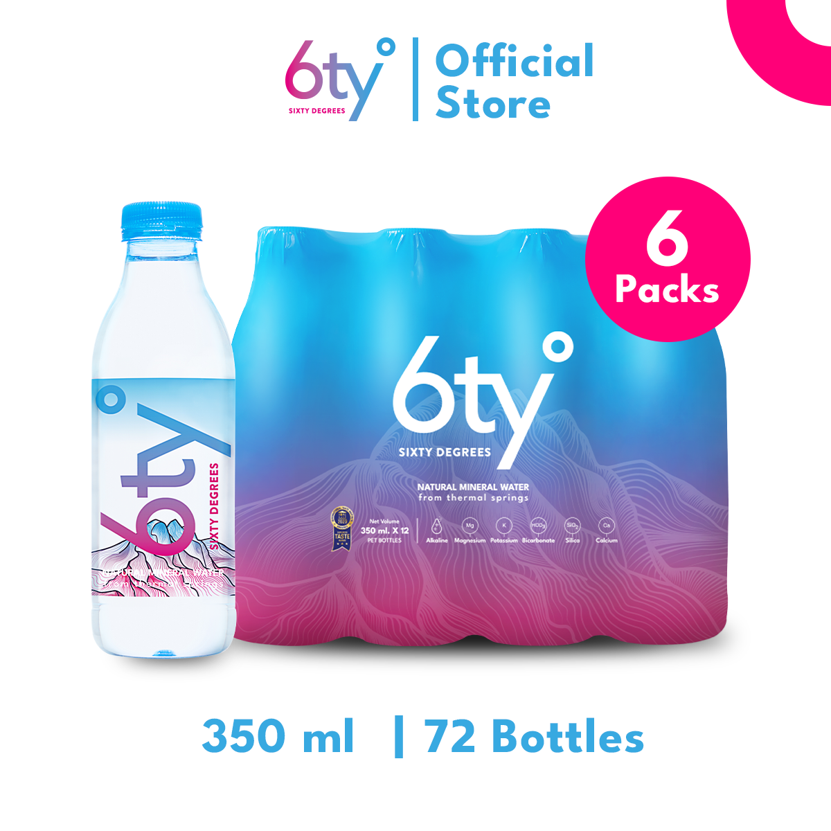 [350ml 6 แพ็ก 72 ขวด] 6ty Degrees Mineral Water ซิกตี้ดีกรี น้ำแร่ธรรมชาติ จากแหล่งน้ำพุร้อนเชียงดาว