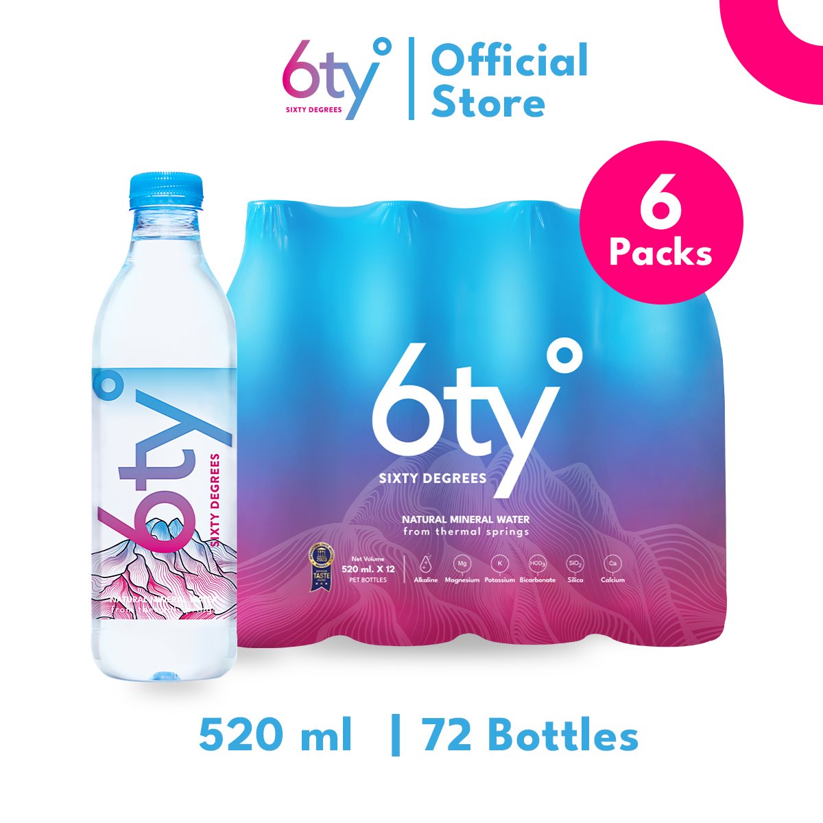 [520ml 6 แพ็ก 72 ขวด] 6ty Degrees Mineral Water ซิกตี้ดีกรี น้ำแร่ธรรมชาติ จากแหล่งน้ำพุร้อนเชียงดาว