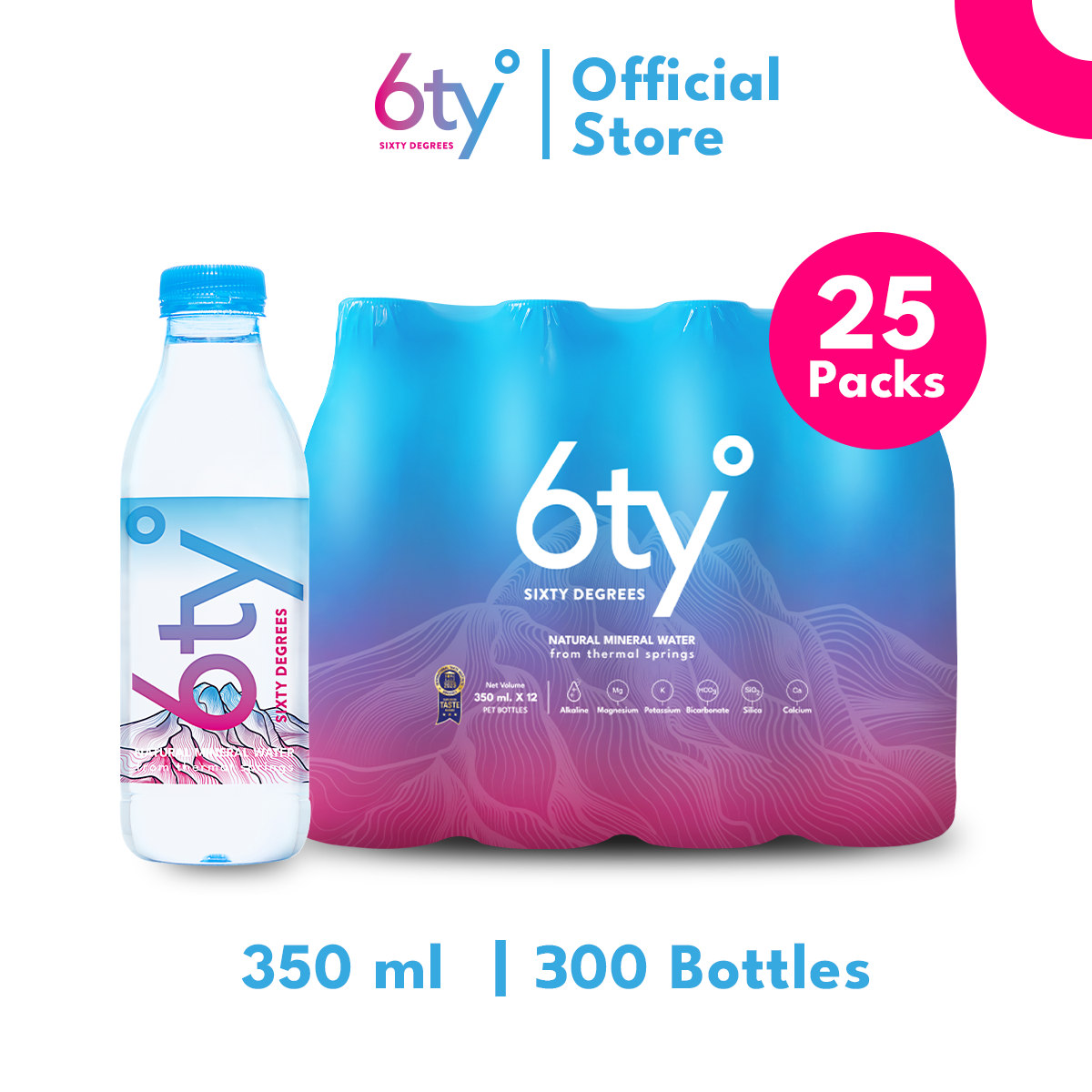 [350ml 25 แพ็ก 300 ขวด] 6ty Degrees Mineral Water ซิกตี้ดีกรี น้ำแร่ธรรมชาติ จากแหล่งน้ำพุร้อนเชียงดาว